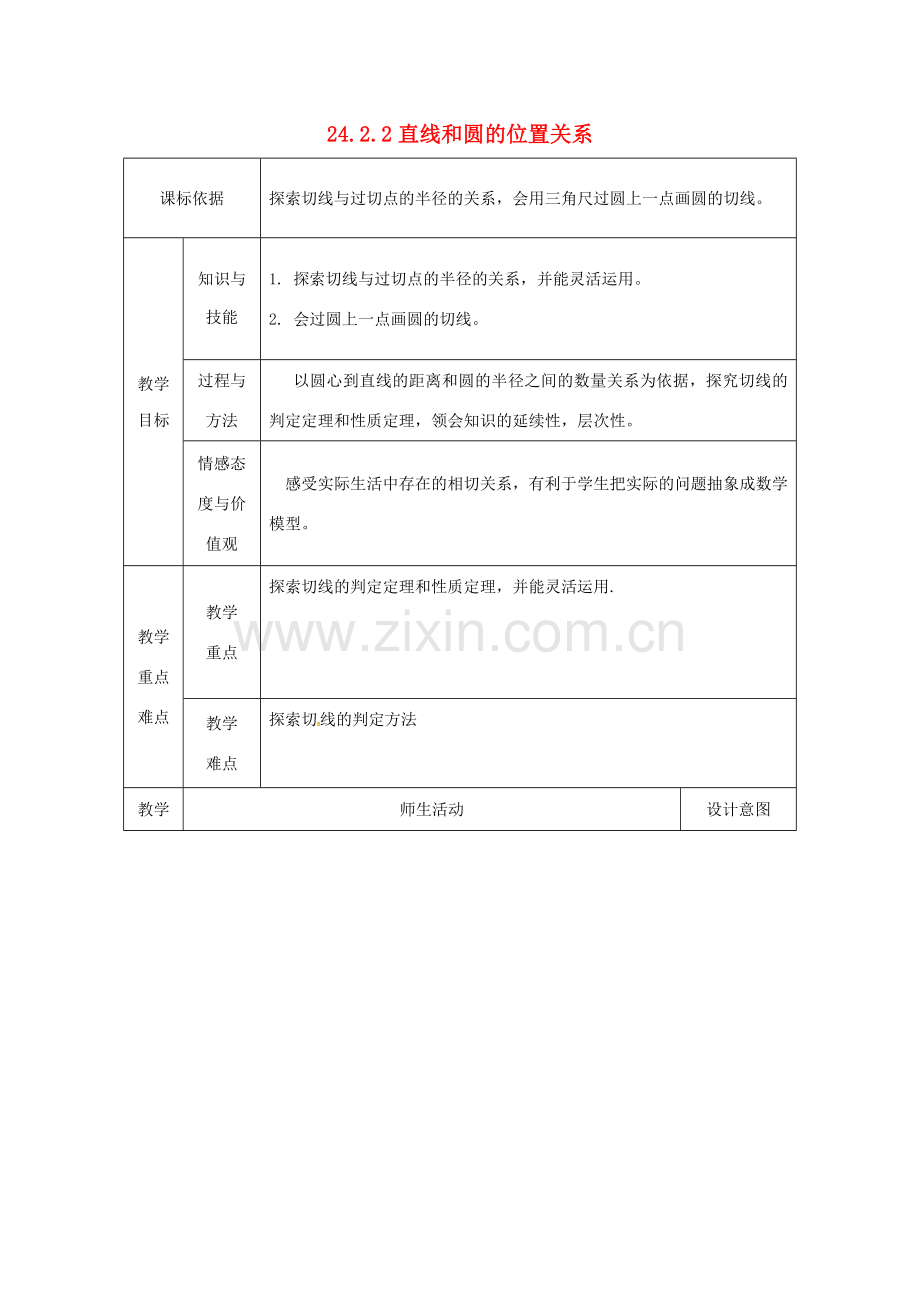 陕西省安康市石泉县池河镇九年级数学上册 24.2 点和圆、直线和圆的位置关系 24.2.2 直线和圆的位置关系(2)教案 （新版）新人教版-（新版）新人教版初中九年级上册数学教案.doc_第1页