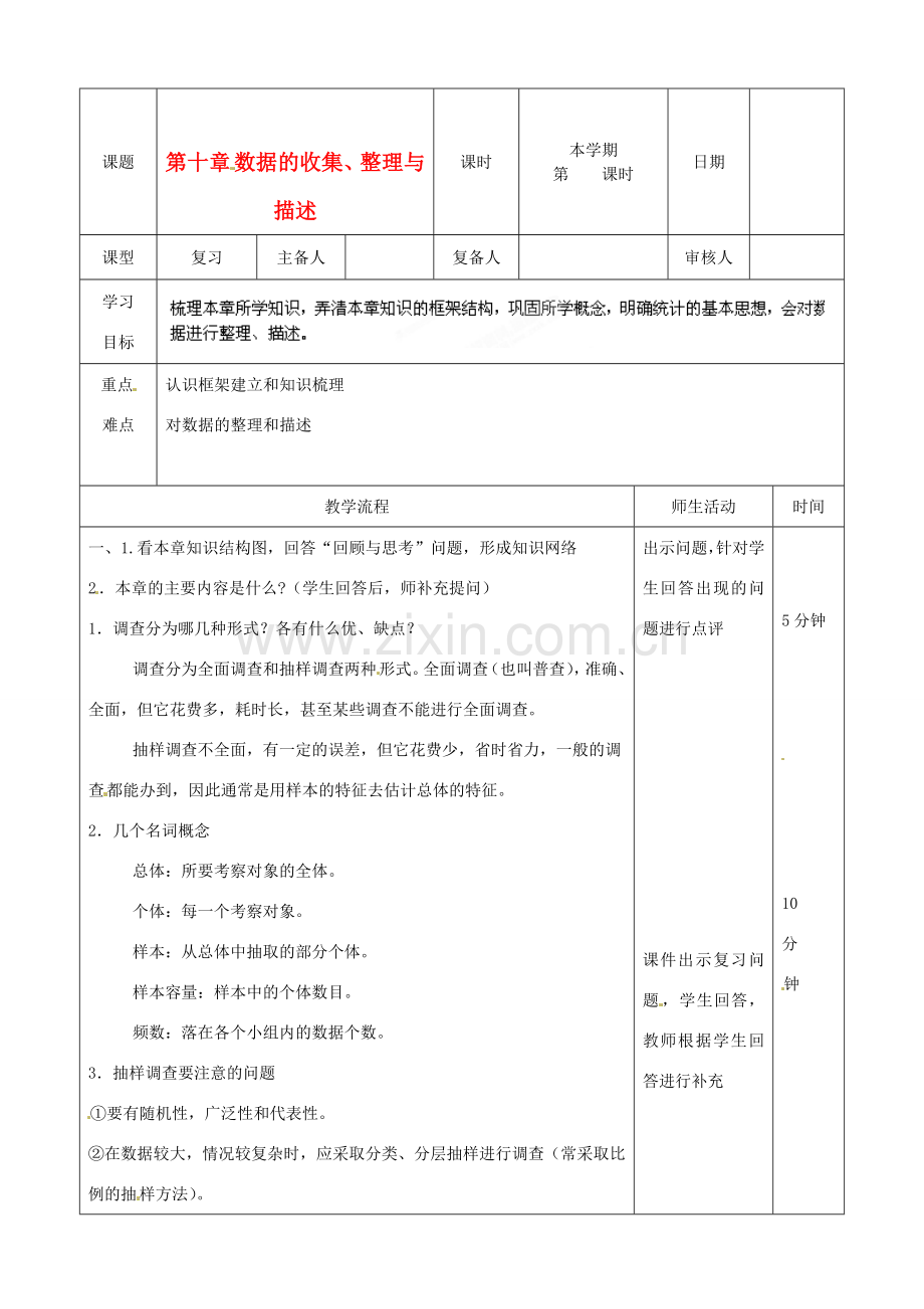 山东省滨州市邹平实验中学七年级数学下册《第十章数据的收集、整理与描述》复习教案1 人教新课标版.doc_第1页