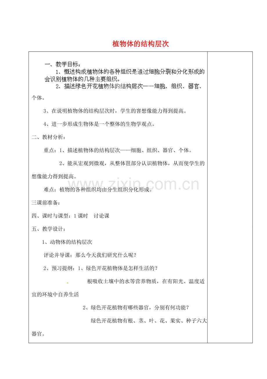 河北省高碑店市第三中学七年级生物上册 第二节 植物体的结构层次教案 新人教版.doc_第1页