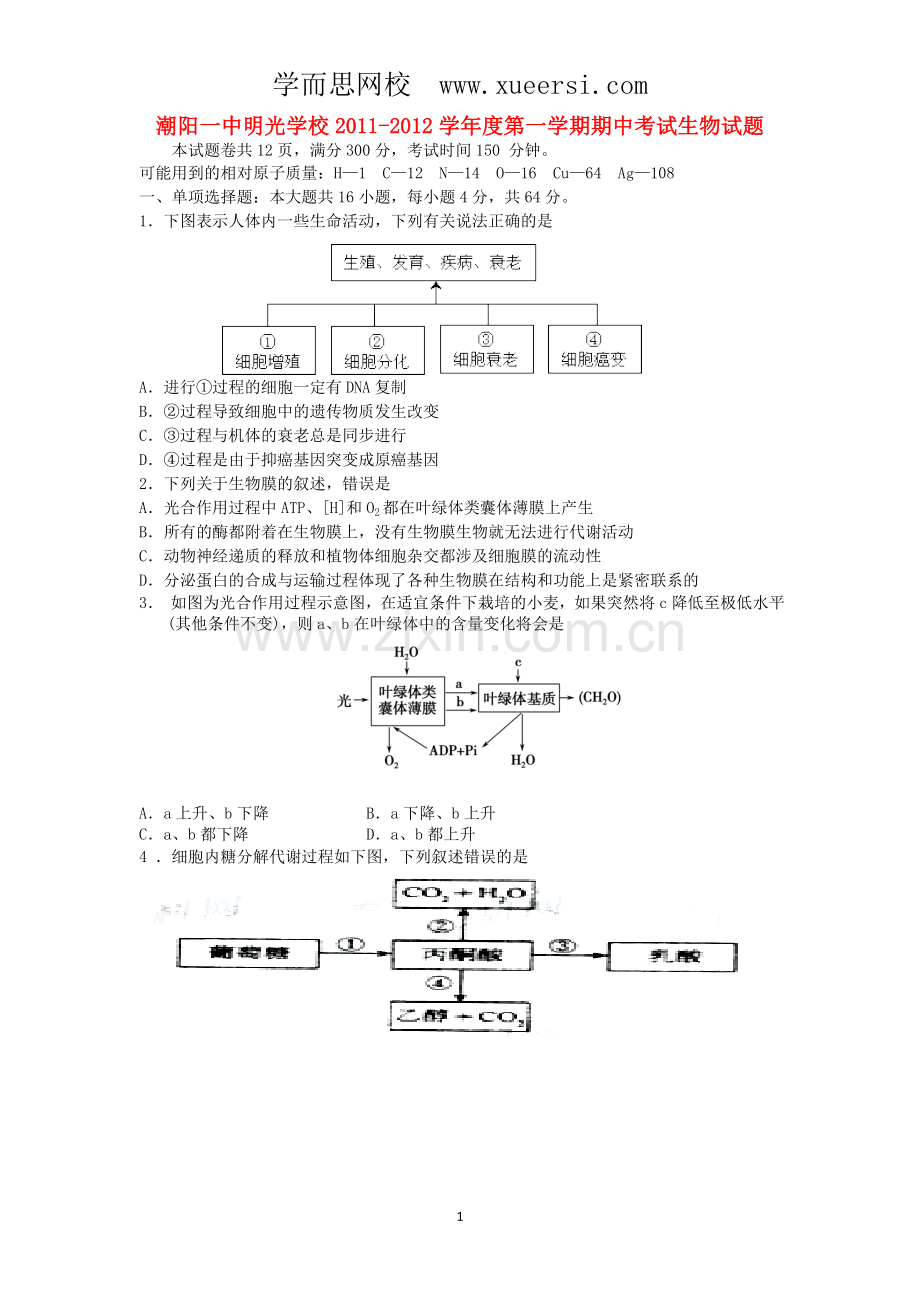 广东省潮阳一中明光学校2012届高三生物第一学期期中考试试题.doc_第1页