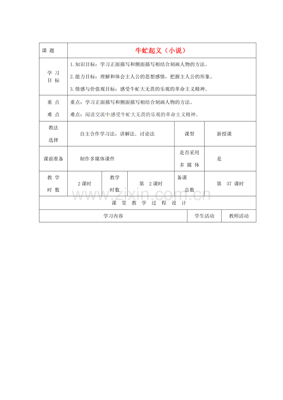 甘肃省酒泉市瓜州二中八年级语文下册《牛虻起义》第二课时杨世才教案 北师大版.DOC_第1页