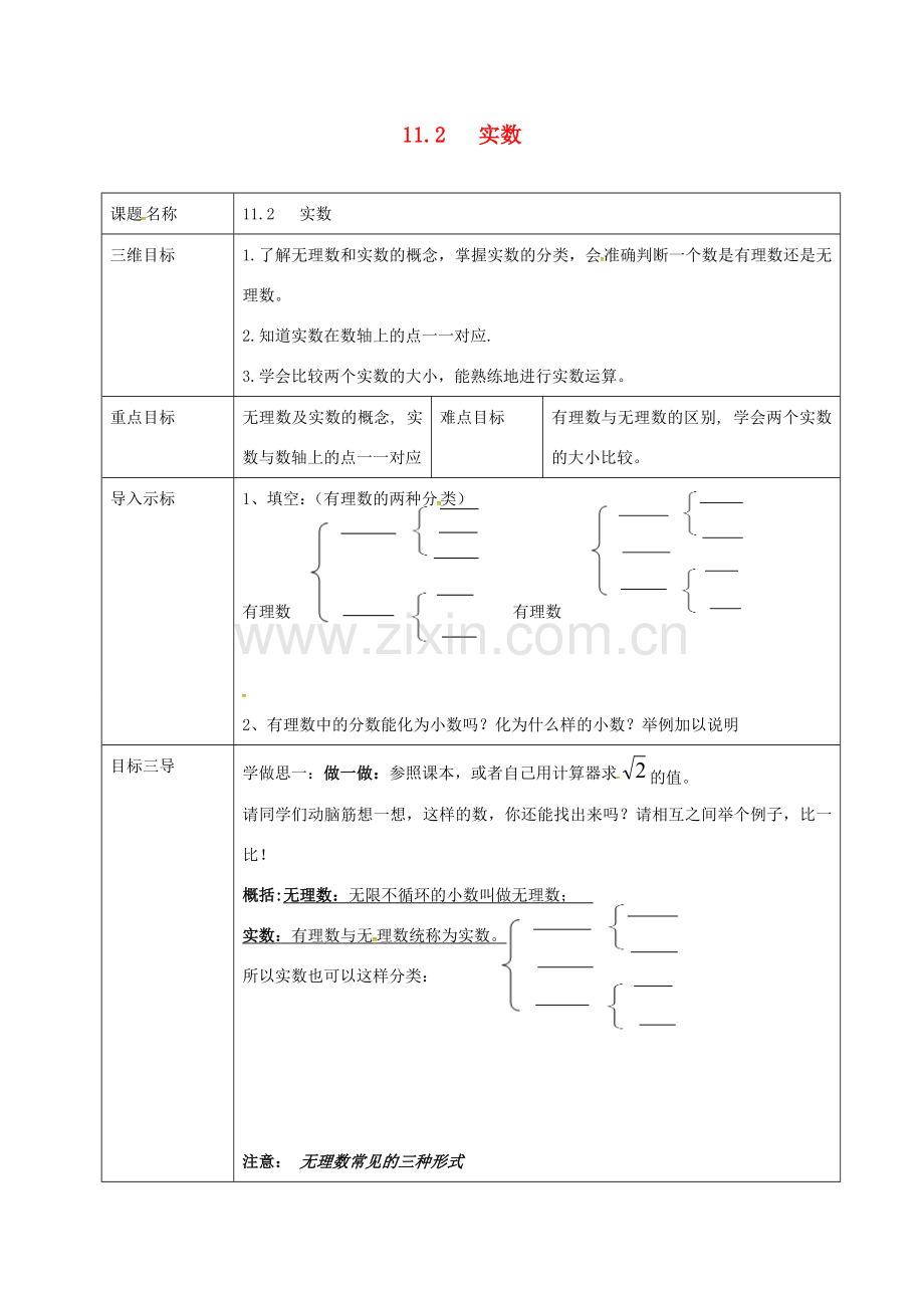 重庆市沙坪坝区虎溪镇八年级数学上册 第11章 数的开方 11.2 实数教案 （新版）华东师大版-（新版）华东师大版初中八年级上册数学教案.doc_第1页