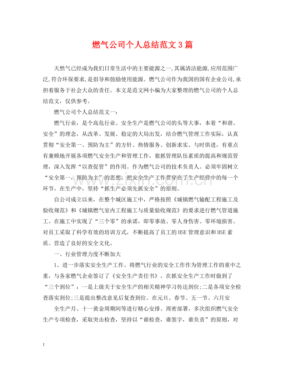 燃气公司个人总结范文3篇.docx_第1页