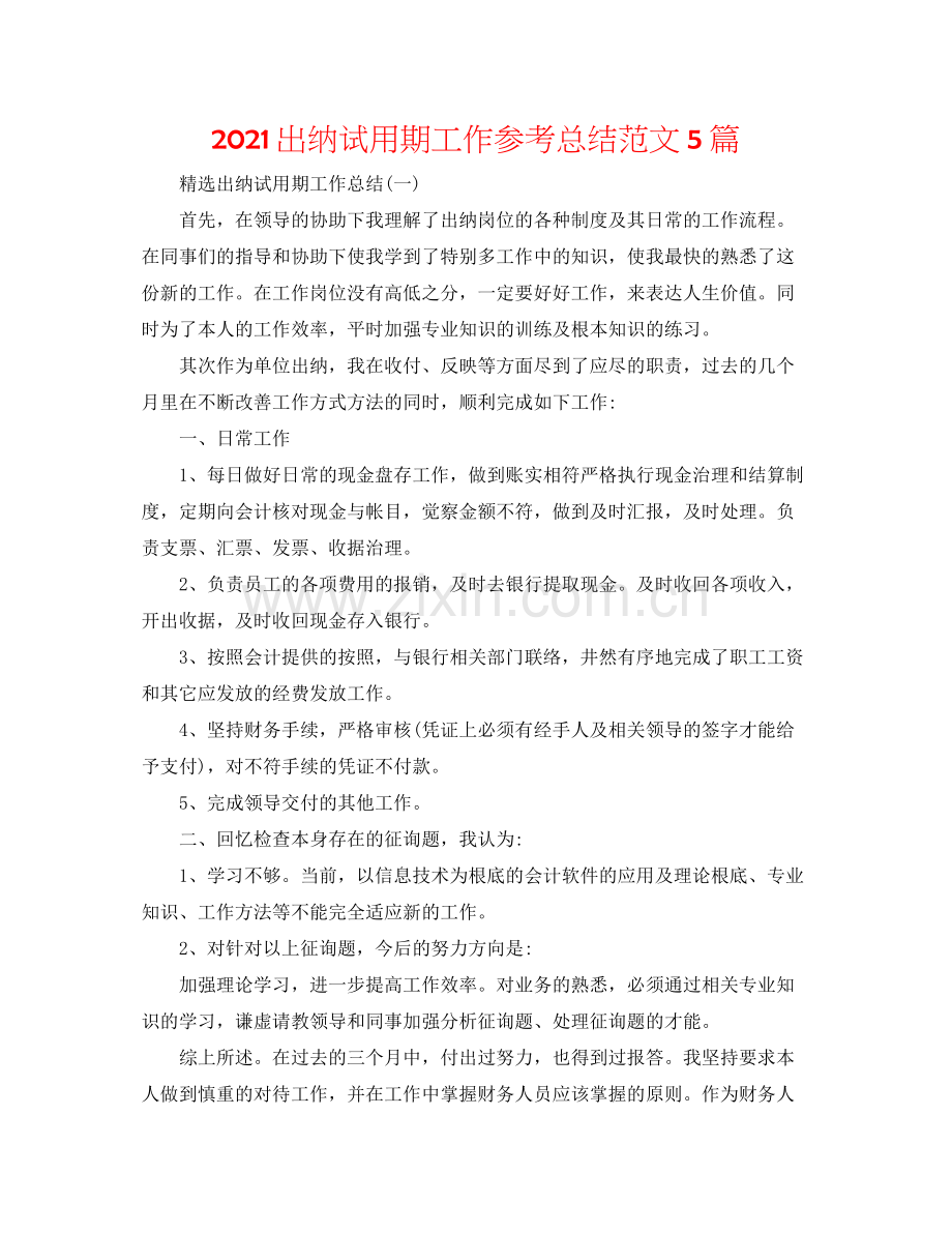 出纳试用期工作参考总结范文5篇.docx_第1页