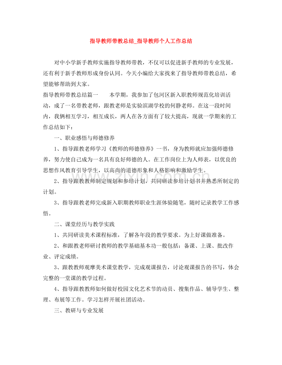 指导教师带教总结_指导教师个人工作总结.docx_第1页