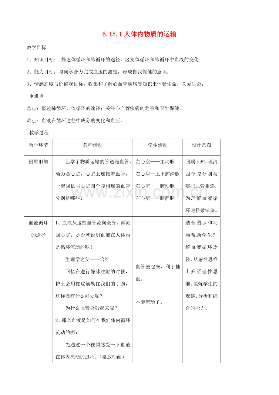 八年级生物上册 6.15.1人体内物质的运输第4课时教案 （新版）苏科版-（新版）苏科版初中八年级上册生物教案.doc_第1页
