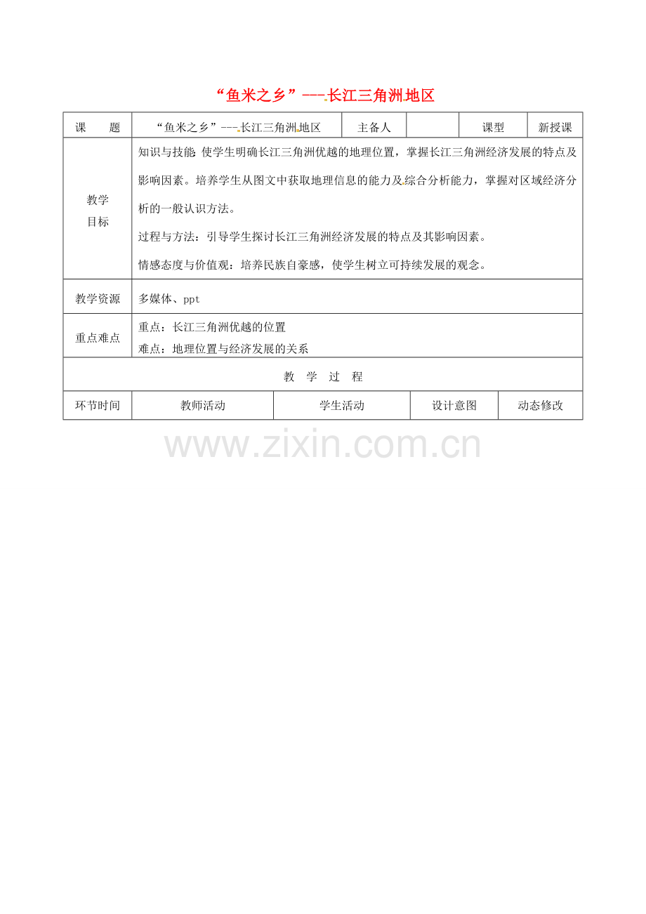 吉林省双辽市八年级地理下册 7.2“鱼米之乡”---长江三角洲地区（第1课时）教案 （新版）新人教版-（新版）新人教版初中八年级下册地理教案.doc_第1页