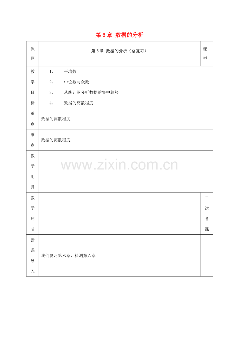 河北省邯郸市肥乡县八年级数学上册 第六章 数据的分析复习教案 （新版）北师大版-（新版）北师大版初中八年级上册数学教案.doc_第1页