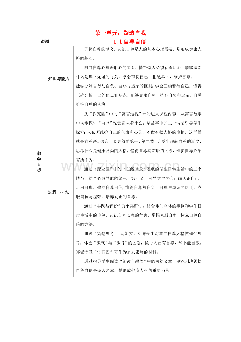 八年级政治 第一单元 塑造自我 全单元教案粤教版.doc_第1页