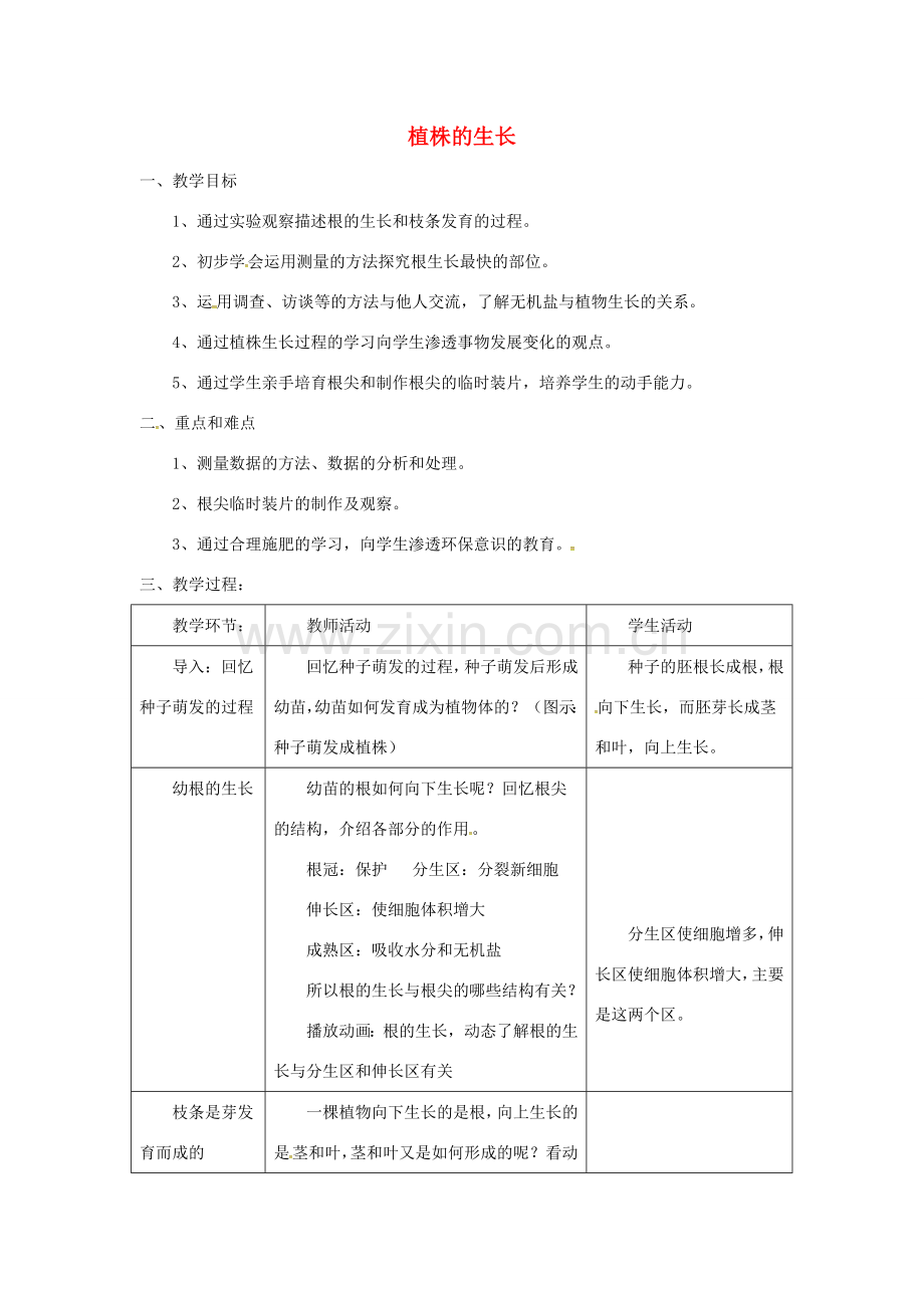 安徽省合肥市长丰县七年级生物上册 3.2.2 植株的生长教案1 （新版）新人教版-（新版）新人教版初中七年级上册生物教案.doc_第1页