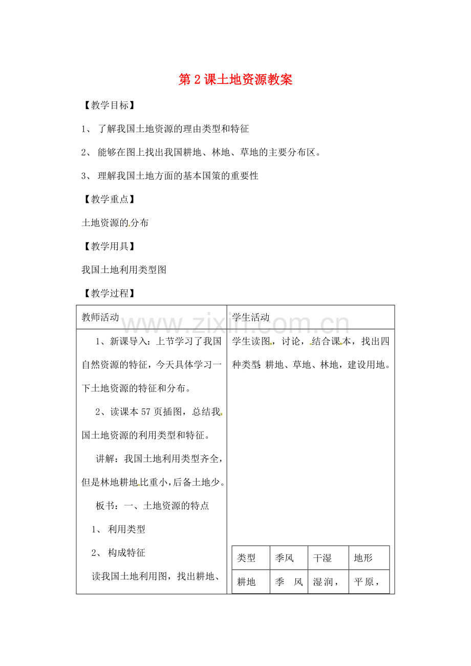 辽宁省丹东七中八年级地理上册 第三单元《第2课 土地资源》教案 人教新课标版.doc_第1页