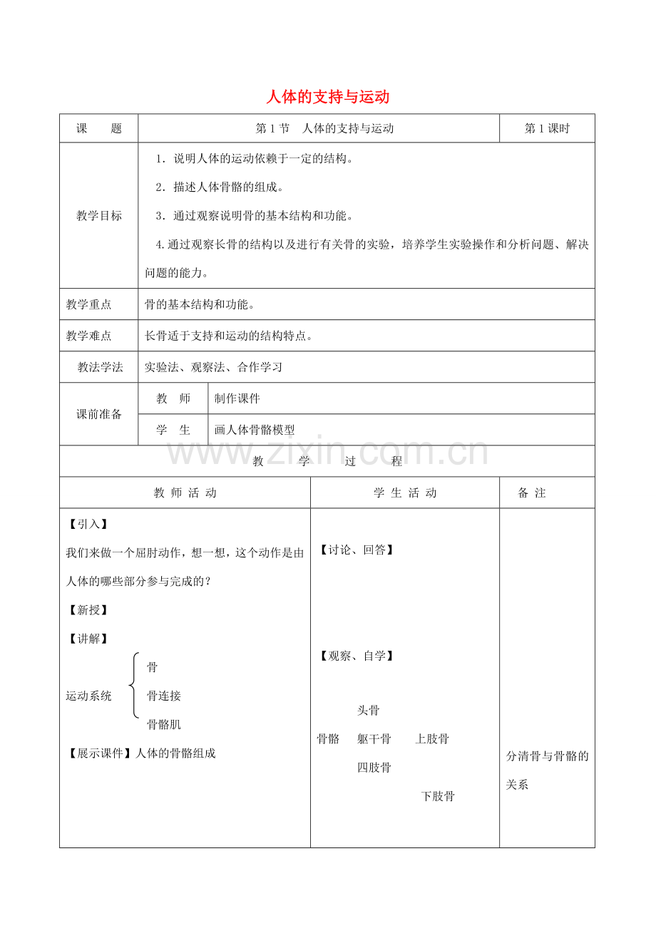 八年级生物上册 6.17.1《人体的运动》第1课时教案 （新版）苏科版-（新版）苏科版初中八年级上册生物教案.doc_第1页