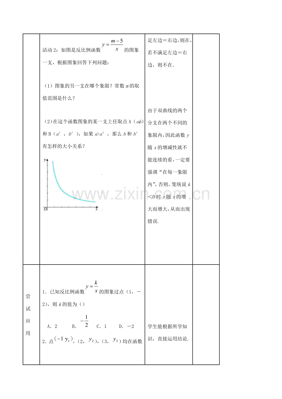 九年级数学下册 第26章 反比例函数 26.1.2 反比例函数的图象和性质（2）教案 （新版）新人教版-（新版）新人教版初中九年级下册数学教案.doc_第3页