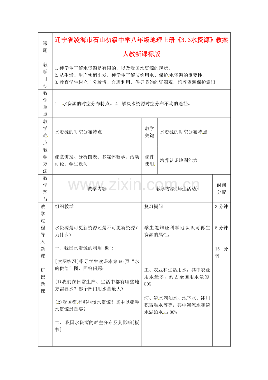 辽宁省凌海市石山初级中学八年级地理上册《3.3 水资源》教案 人教新课标版.doc_第1页