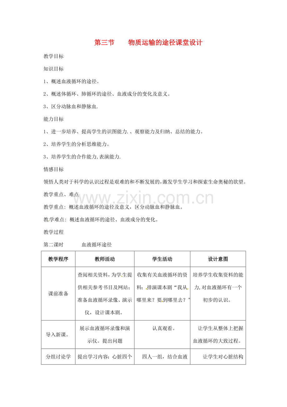 七年级生物下册 3.3.3《物质运输的途径》教案 济南版.doc_第1页