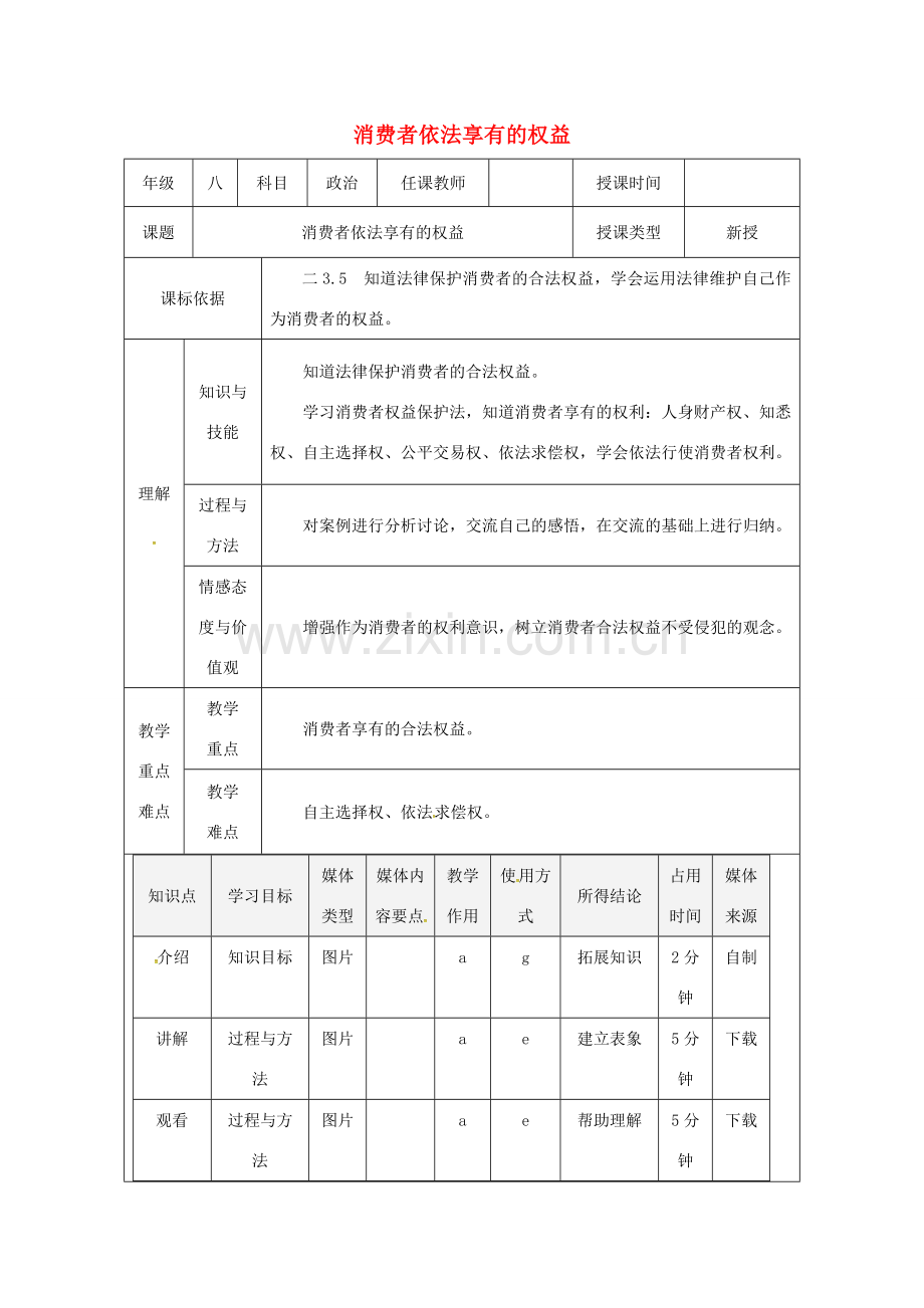 陕西省石泉县八年级道德与法治上册 第五单元 拥有合法财产 保护消费权益 第10课 做个聪明的消费者 第1框 消费者依法享有的权益教案 鲁人版六三制-鲁人版初中八年级上册政治教案.doc_第1页