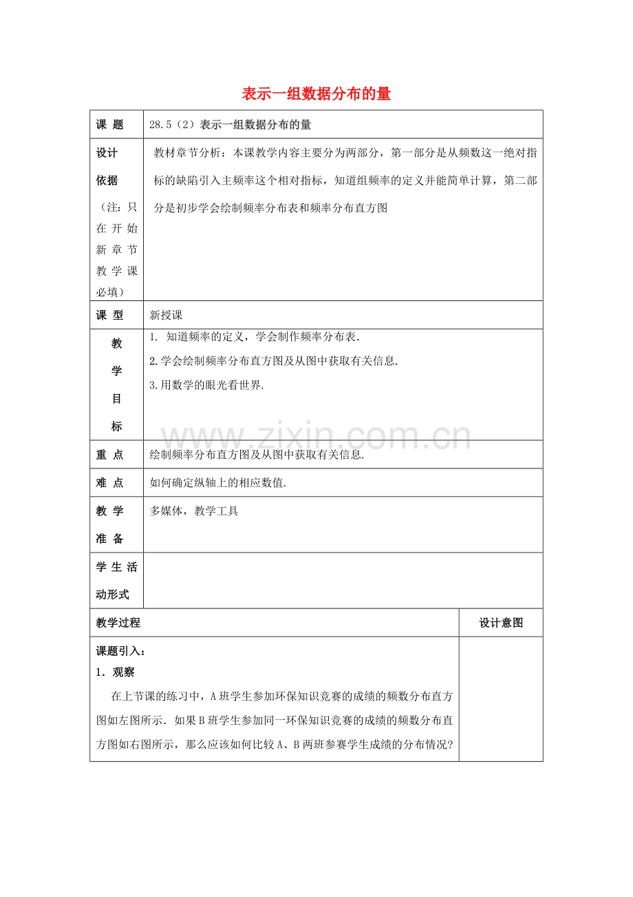 春九年级数学下册 28.5 表示一组数据分布的量（2）教案 沪教版五四制-沪教版初中九年级下册数学教案.doc_第1页