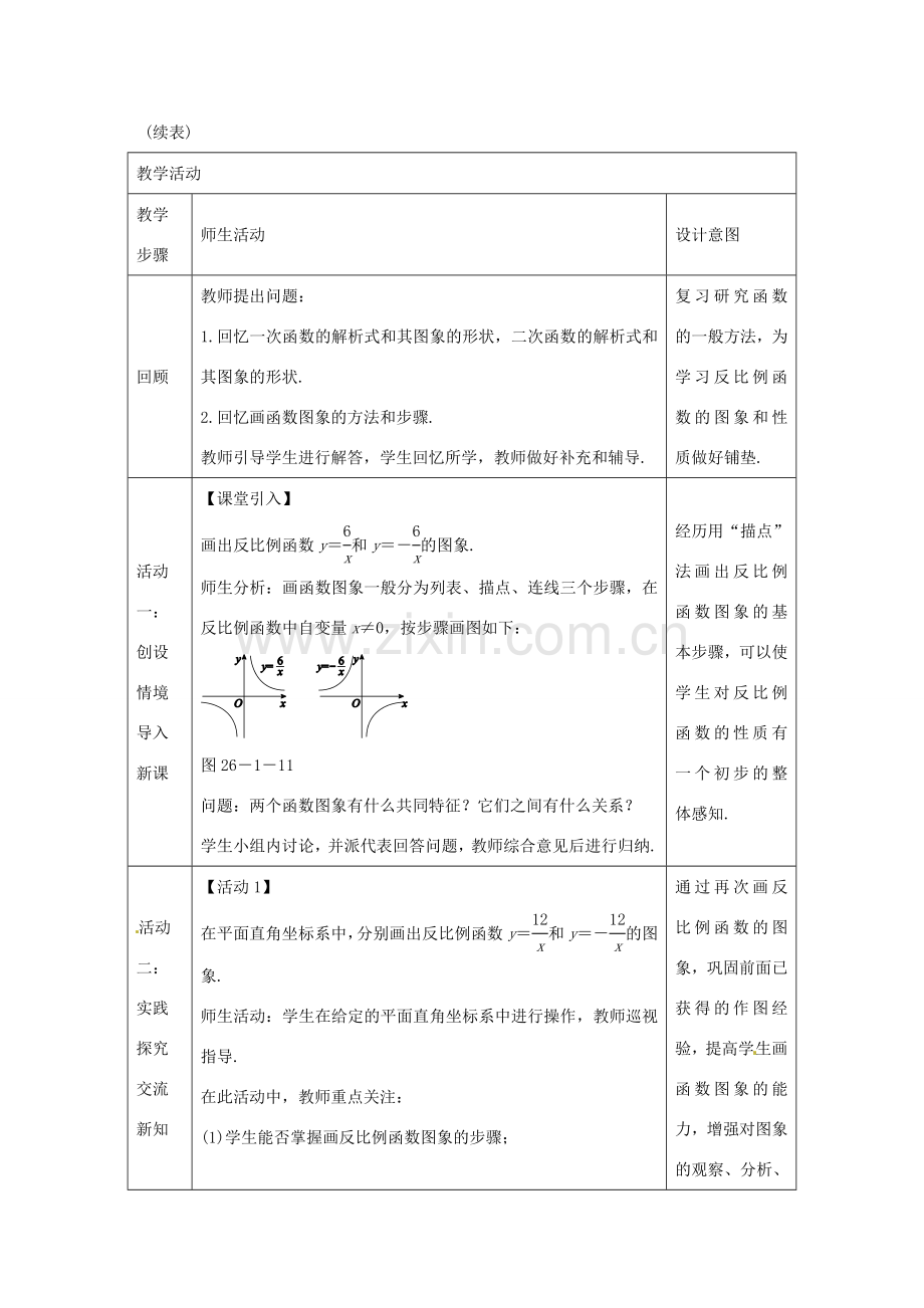 教与学 新教案九年级数学下册 26.1.2 反比例函数的图象和性质（第1课时）教学设计 （新版）新人教版-（新版）新人教版初中九年级下册数学教案.doc_第2页