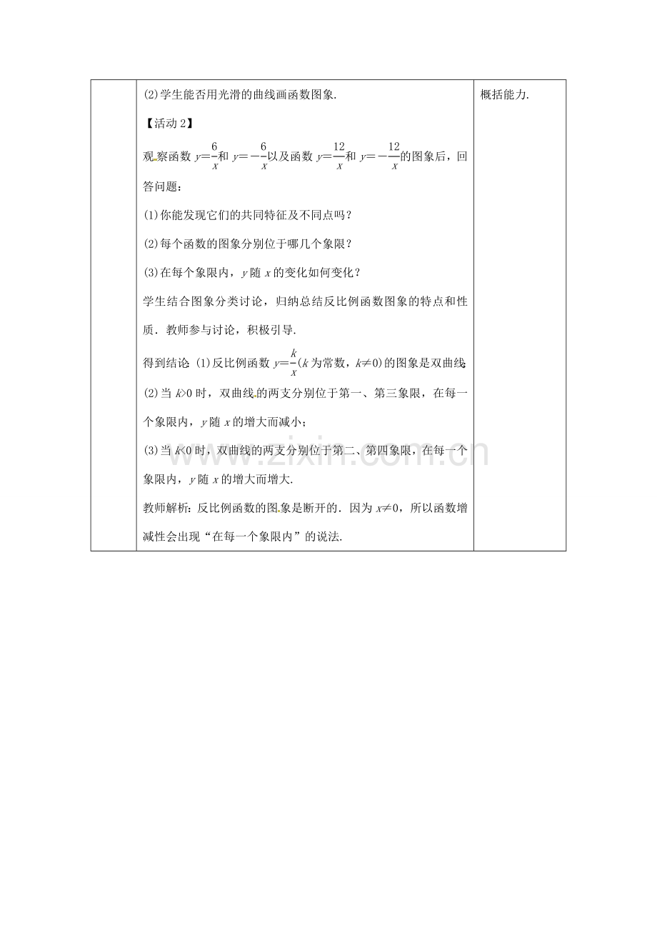 教与学 新教案九年级数学下册 26.1.2 反比例函数的图象和性质（第1课时）教学设计 （新版）新人教版-（新版）新人教版初中九年级下册数学教案.doc_第3页