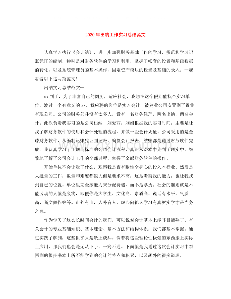 2020年出纳工作实习总结范文.docx_第1页