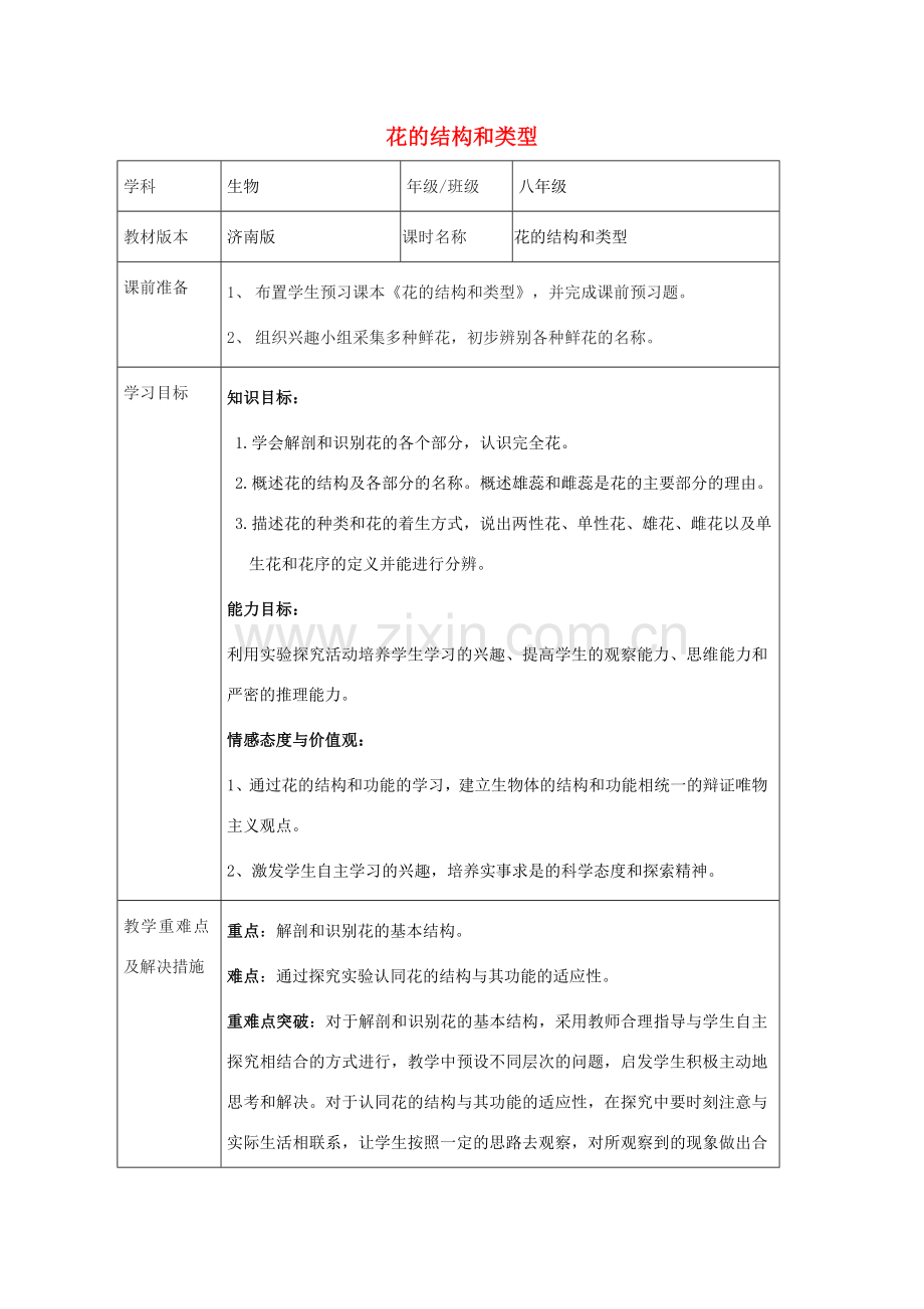 八年级生物上册 第四单元 第一章 第一节花的结构和类型教案 （新版）济南版-（新版）济南版初中八年级上册生物教案.doc_第1页