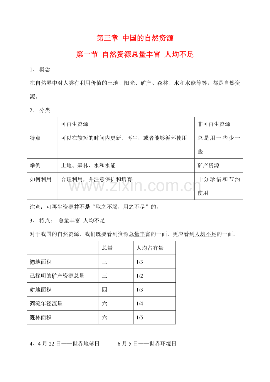 八年级地理上册 第三章中国的自然资源教案 人教新课标版.doc_第1页