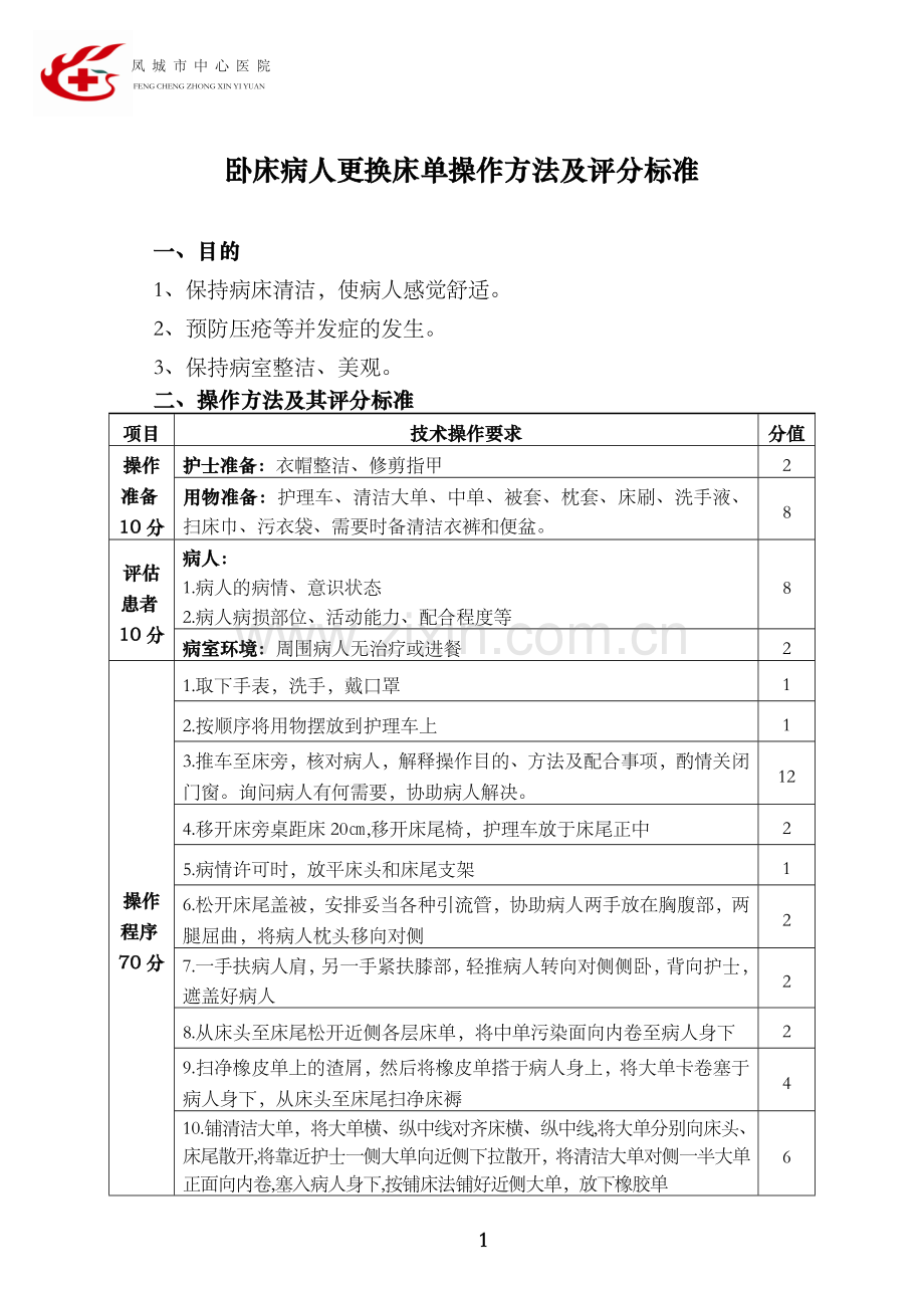 卧床病人更换床单操作方法及评分标准.doc_第1页