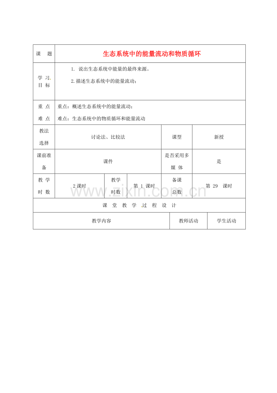 八年级生物上册 19.2 生态系统中的能量流动和物质循环（第1课时）教案 （新版）苏教版-（新版）苏教版初中八年级上册生物教案.doc_第1页