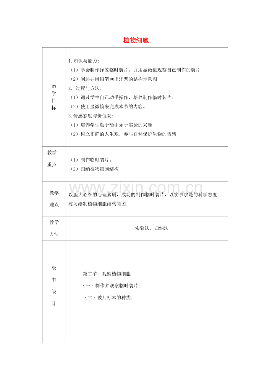 七年级生物上册 第二单元 第1章 第2节 植物细胞教案 （新版）新人教版-（新版）新人教版初中七年级上册生物教案.doc_第1页