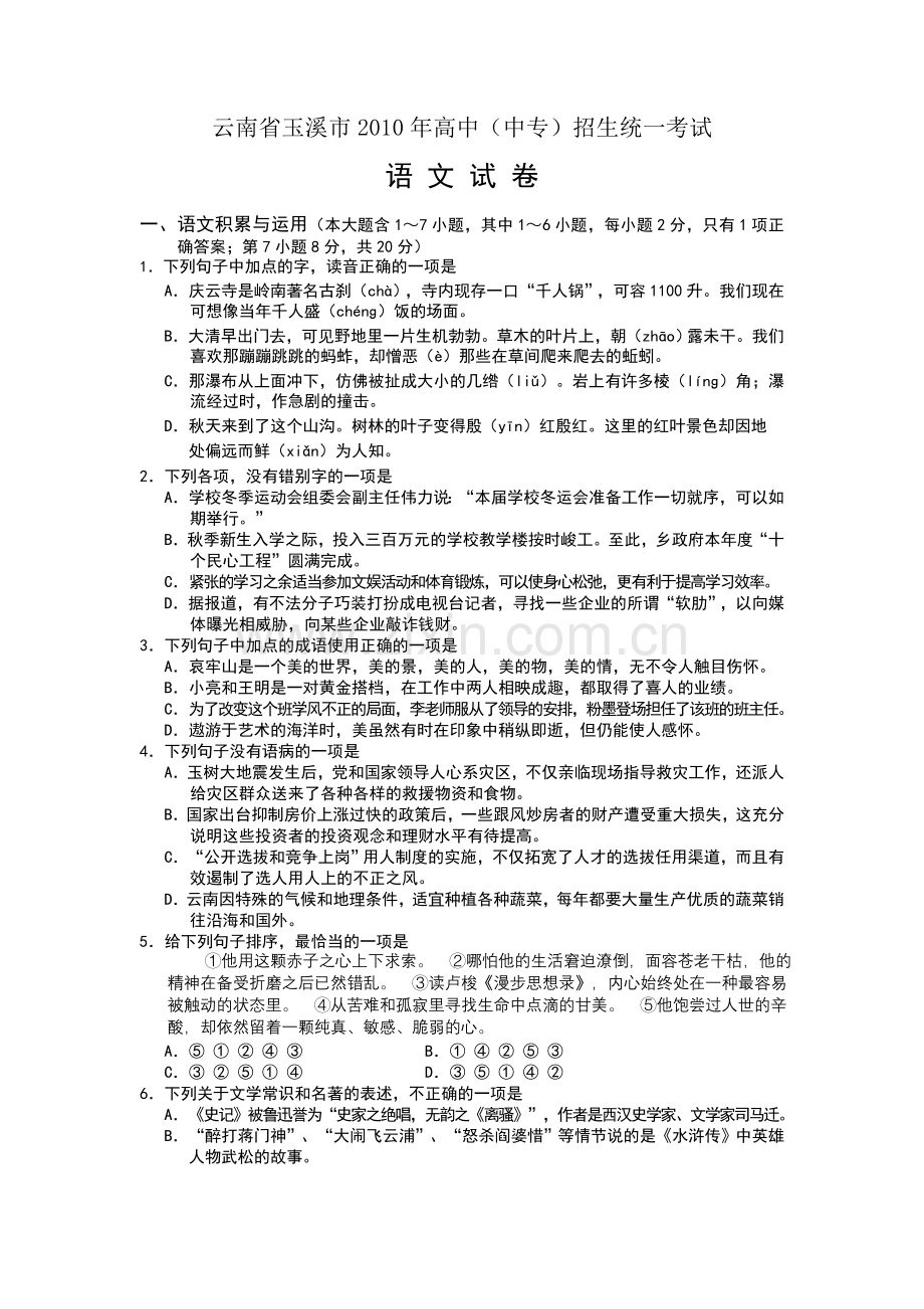 云南省玉溪市2010年高中(中专)招生统一考试语文试题.doc_第1页