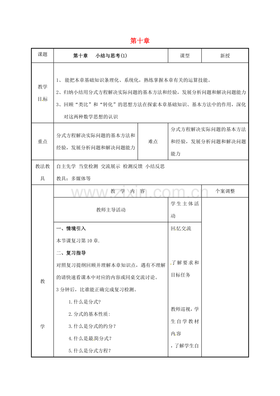 江苏省徐州市新沂市踢球山乡八年级数学下册 第十章 分式小结与思考（1）教案 （新版）苏科版-（新版）苏科版初中八年级下册数学教案.doc_第1页