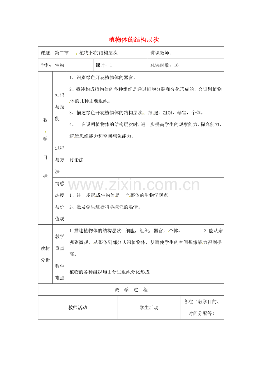 吉林省四平市第十七中学七年级生物上册 植物体的结构层次教案1 新人教版.doc_第1页