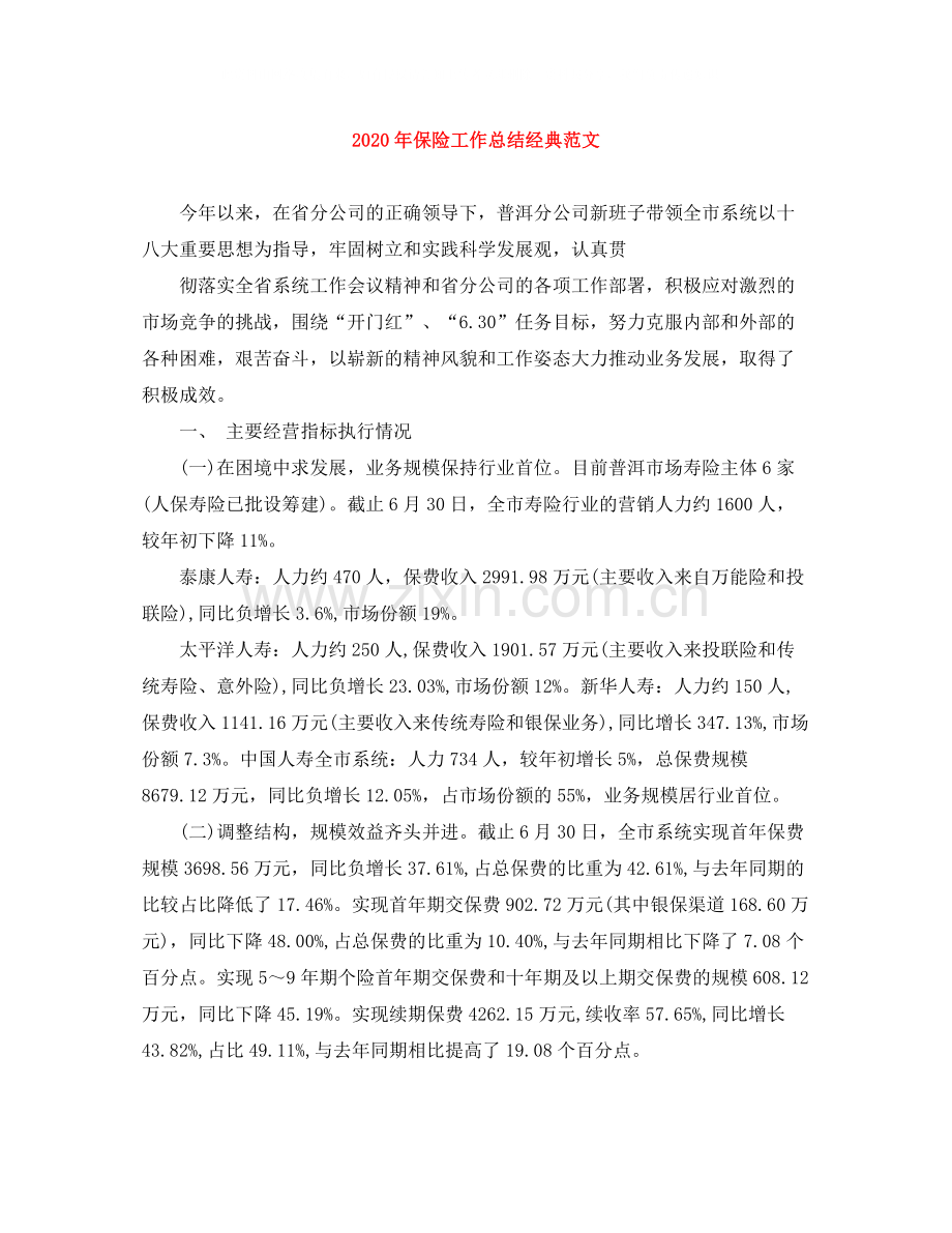 2020年保险工作总结经典范文.docx_第1页