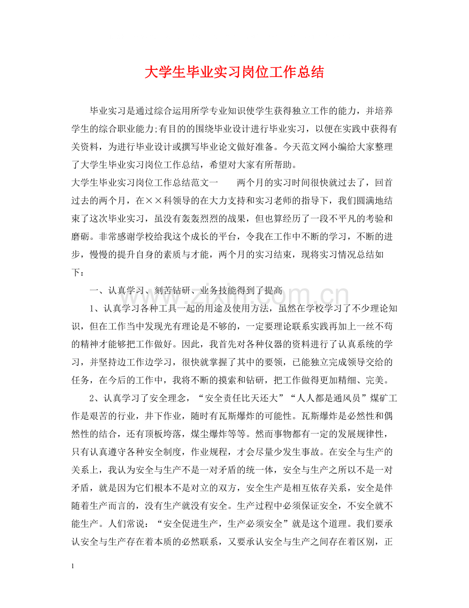 大学生毕业实习岗位工作总结.docx_第1页