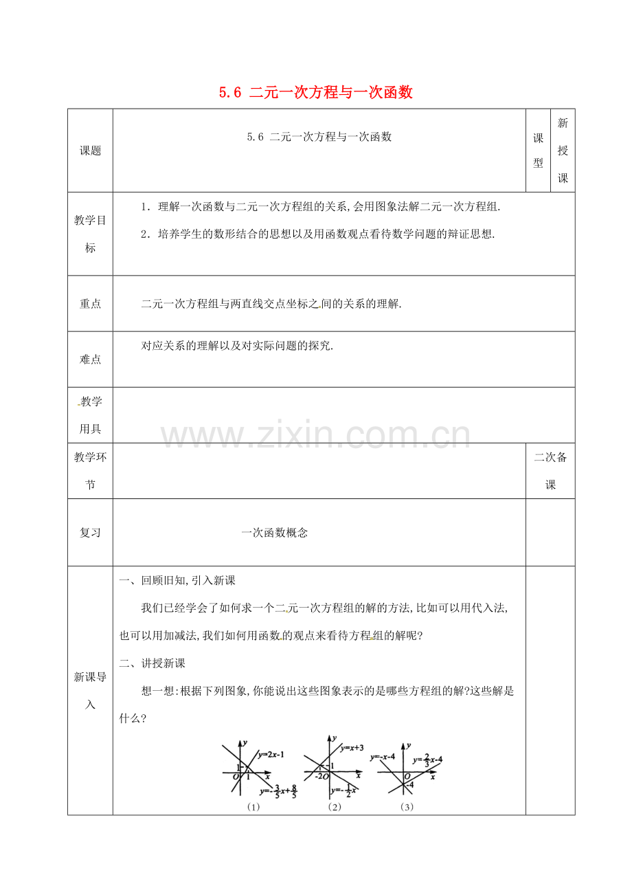 河北省邯郸市肥乡县八年级数学上册 第五章 二元一次方程组 第六节 二元一次方程与一次函数教案1 （新版）北师大版-（新版）北师大版初中八年级上册数学教案.doc_第1页