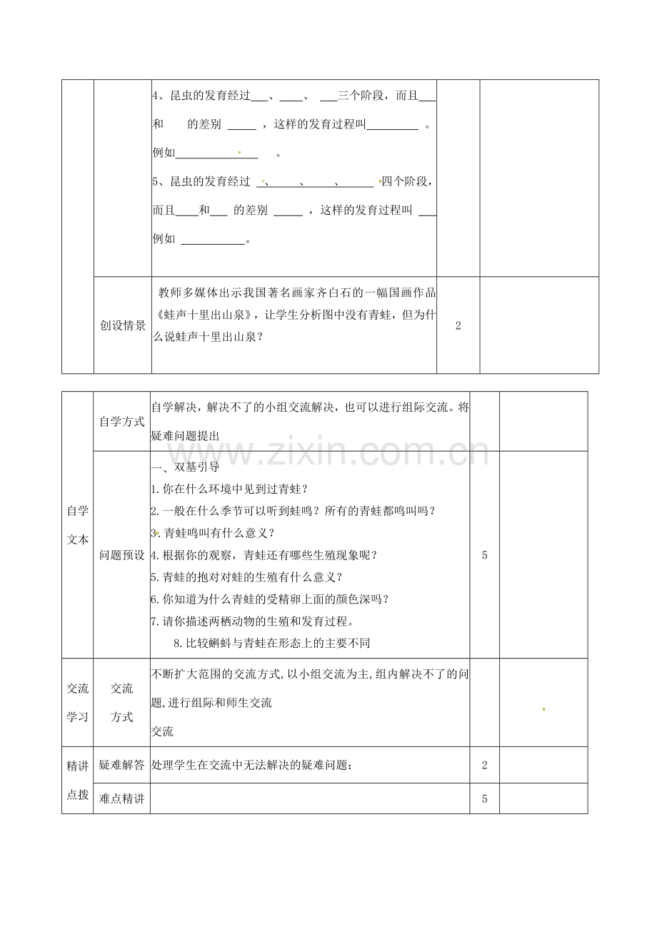 山东省邹平县实验中学八年级生物上册《4.2.2 两栖动物的生殖和发育》教案 济南版.doc_第2页