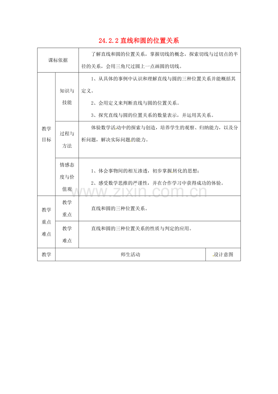 陕西省安康市石泉县池河镇九年级数学上册 24.2 点和圆、直线和圆的位置关系 24.2.2 直线和圆的位置关系教案4 （新版）新人教版-（新版）新人教版初中九年级上册数学教案.doc_第1页