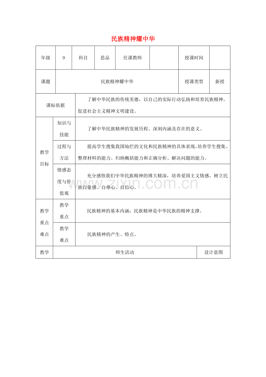 九年级政治全册 第3单元 关注国家的发展 第九课 弘扬和培育民族精神 第1框《民族精神耀中华》教案 鲁教版-鲁教版初中九年级全册政治教案.doc_第1页