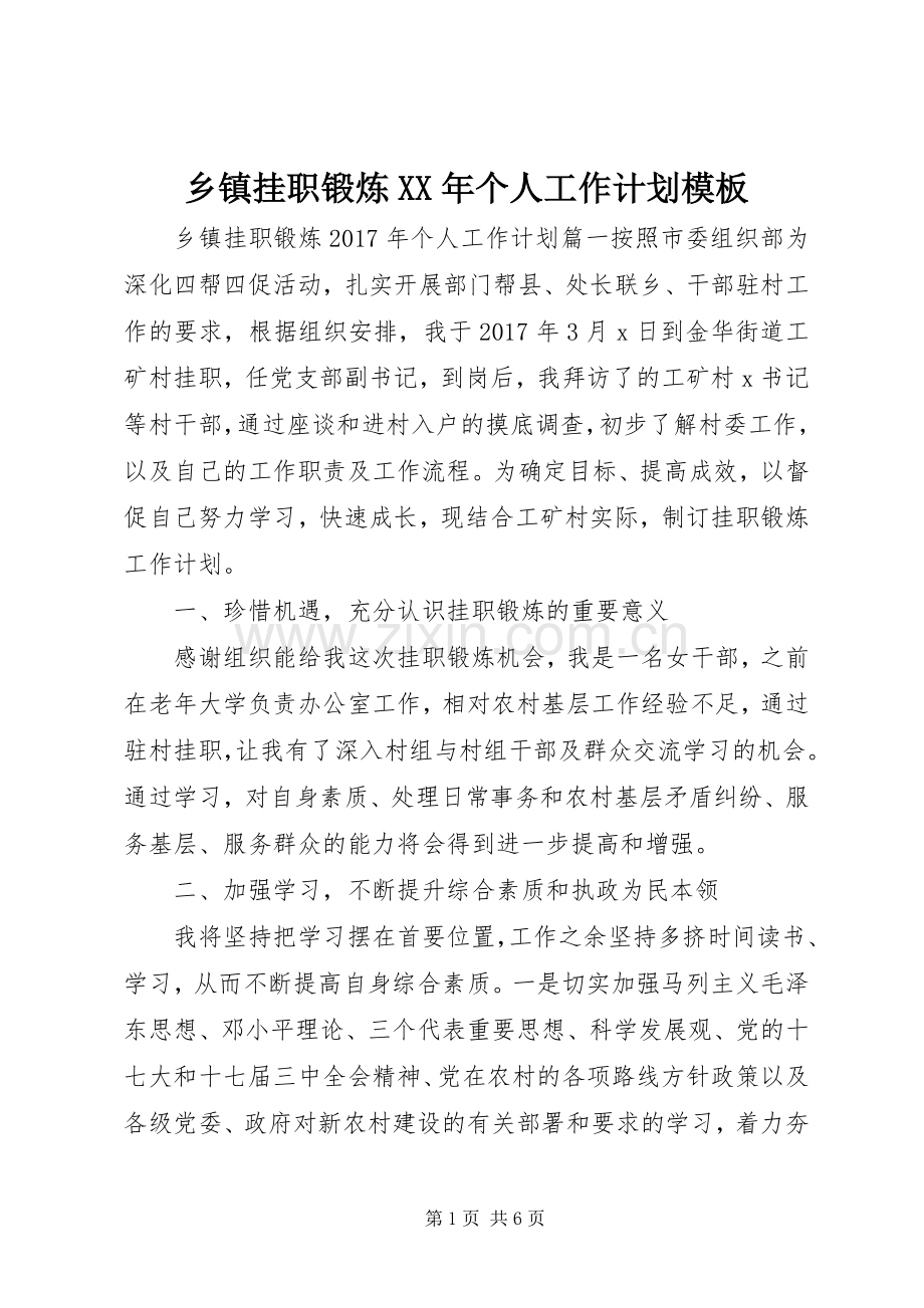 乡镇挂职锻炼XX年个人工作计划模板.docx_第1页