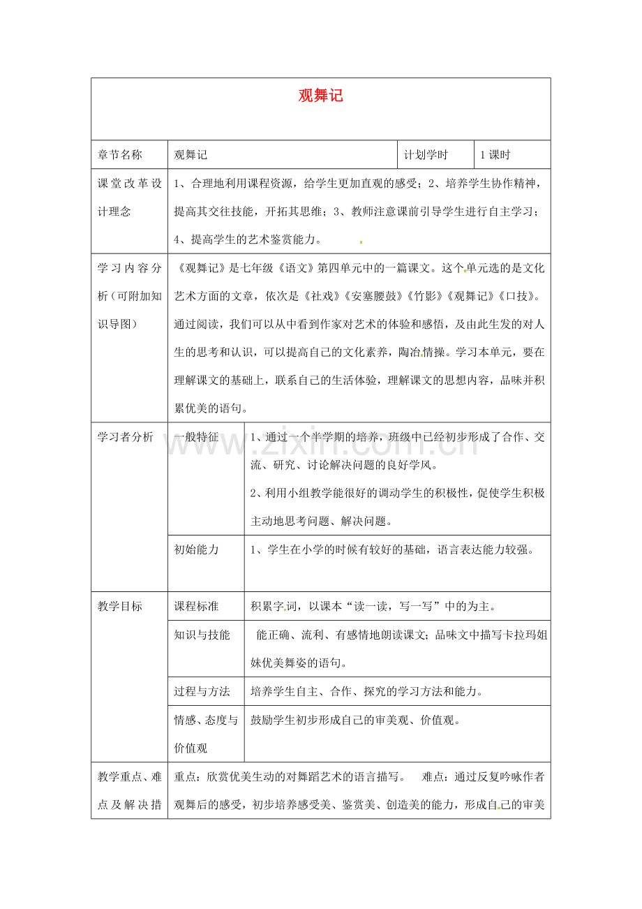 河南省洛阳市第二外国语学校七年级语文上册 观舞记教案 （新版）语文版.doc_第1页