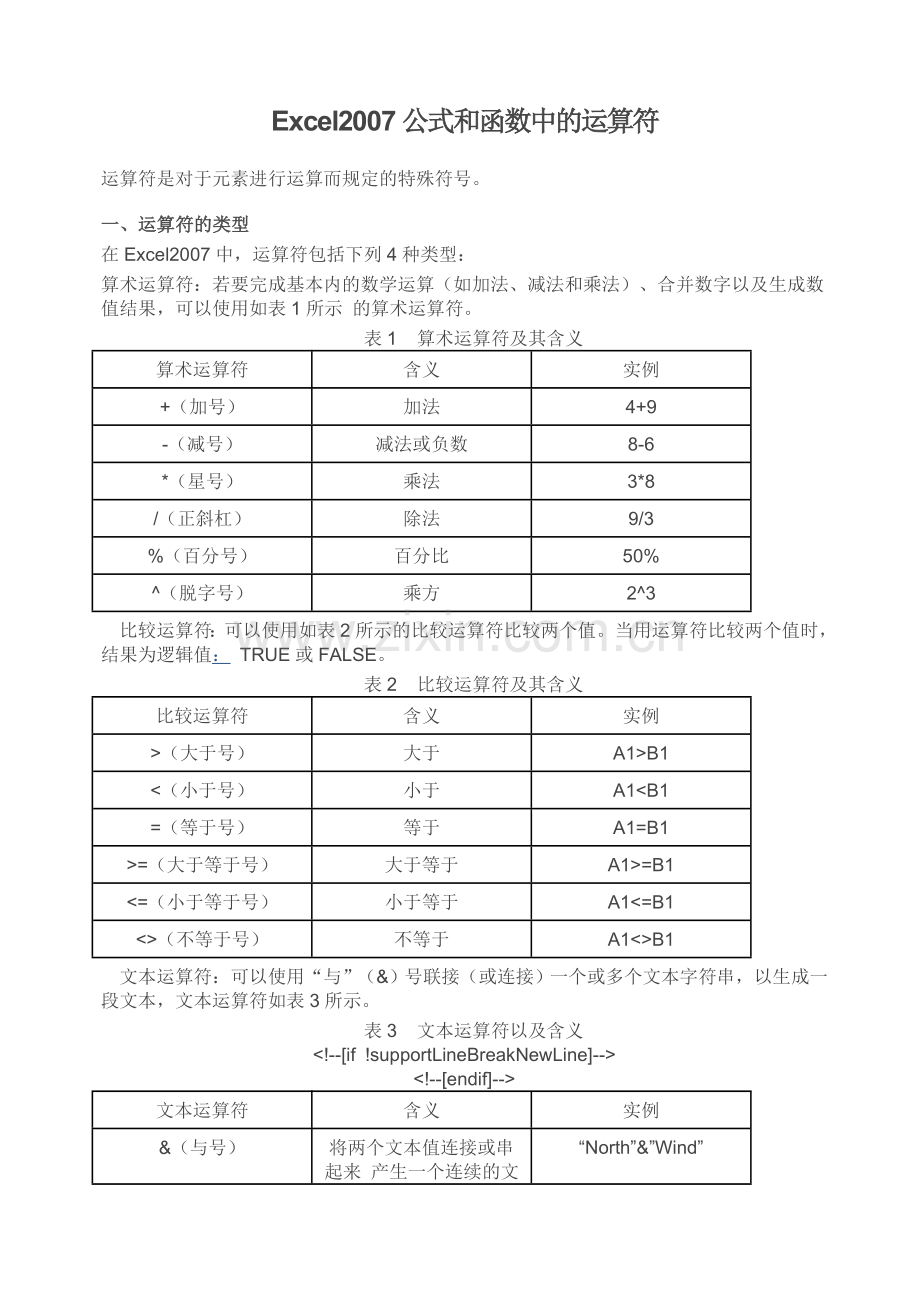 Excel2007公式和函数中的运算符.doc_第1页