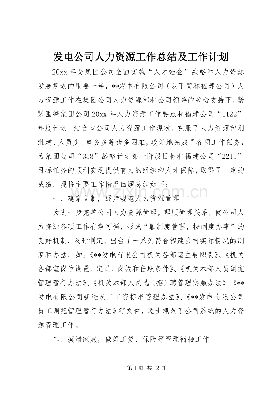 发电公司人力资源工作总结及工作计划.docx_第1页