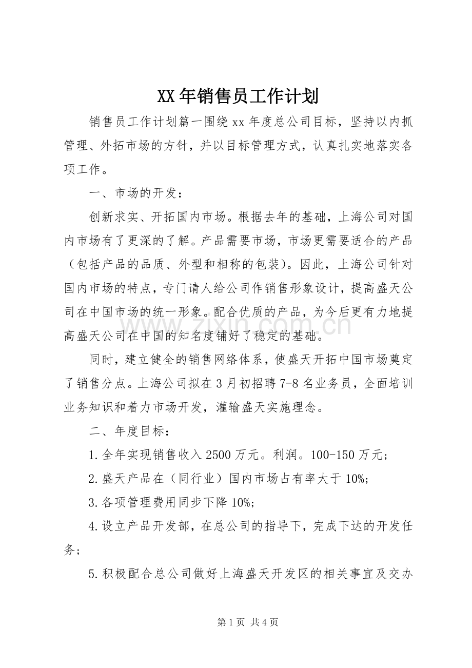 XX年销售员工作计划.docx_第1页