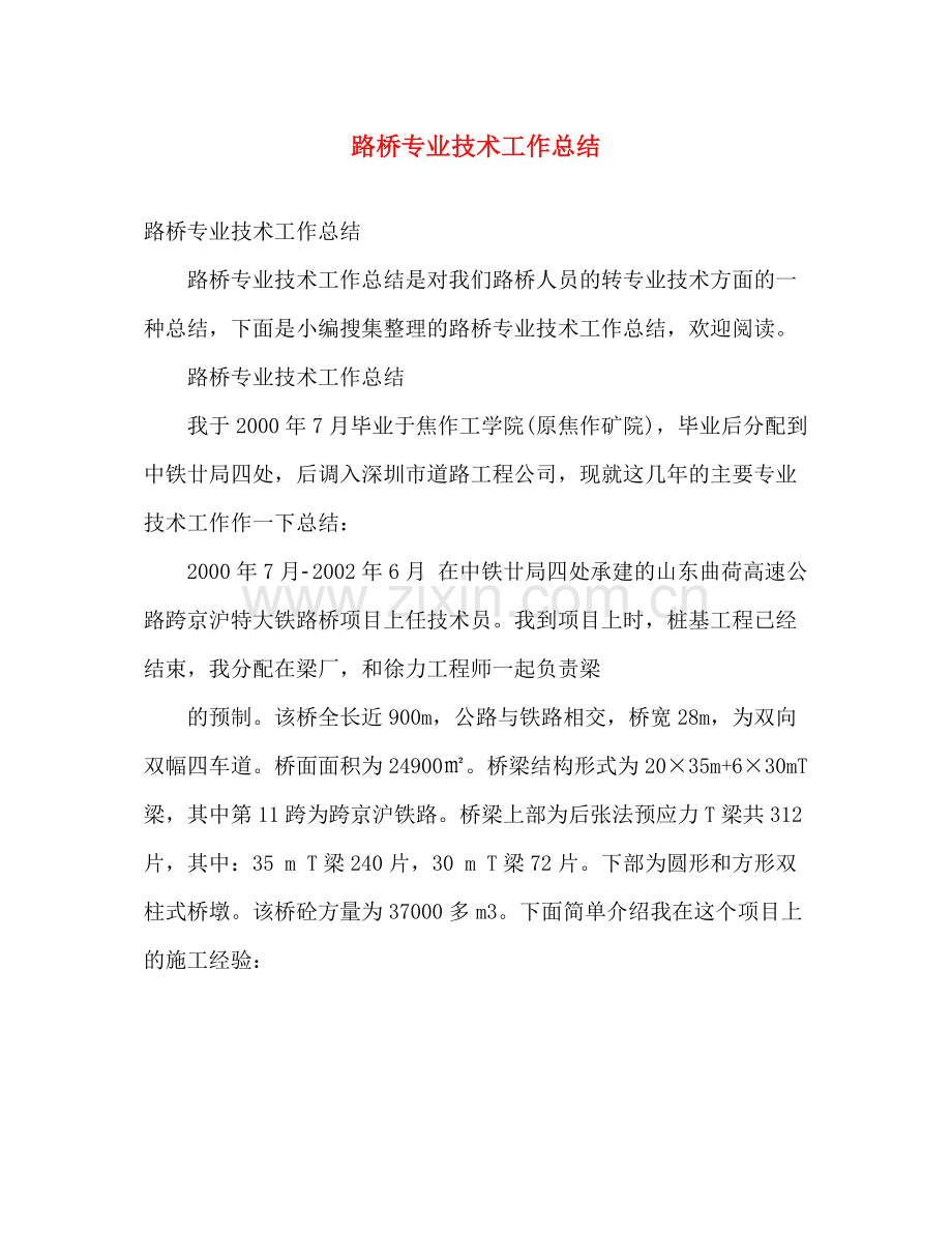 路桥专业技术工作总结 .docx_第1页