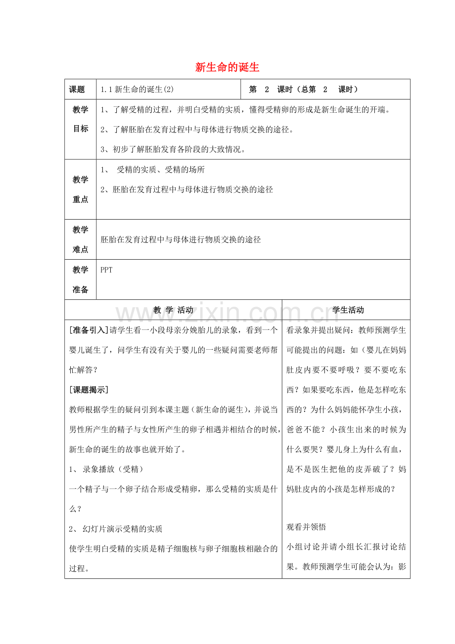 七年级科学下册 第1章 代代相传的生命 第1节 新生命的诞生（2）教案 （新版）浙教版-（新版）浙教版初中七年级下册自然科学教案.doc_第1页