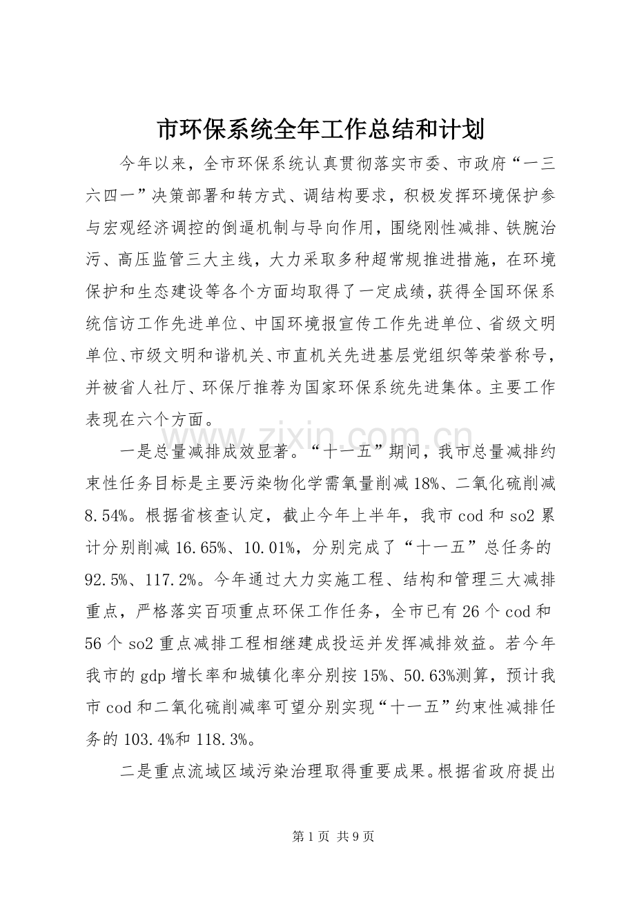 市环保系统全年工作总结和计划.docx_第1页