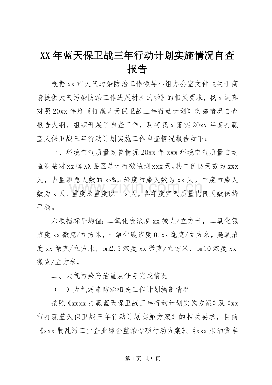 XX年蓝天保卫战三年行动计划实施情况自查报告.docx_第1页