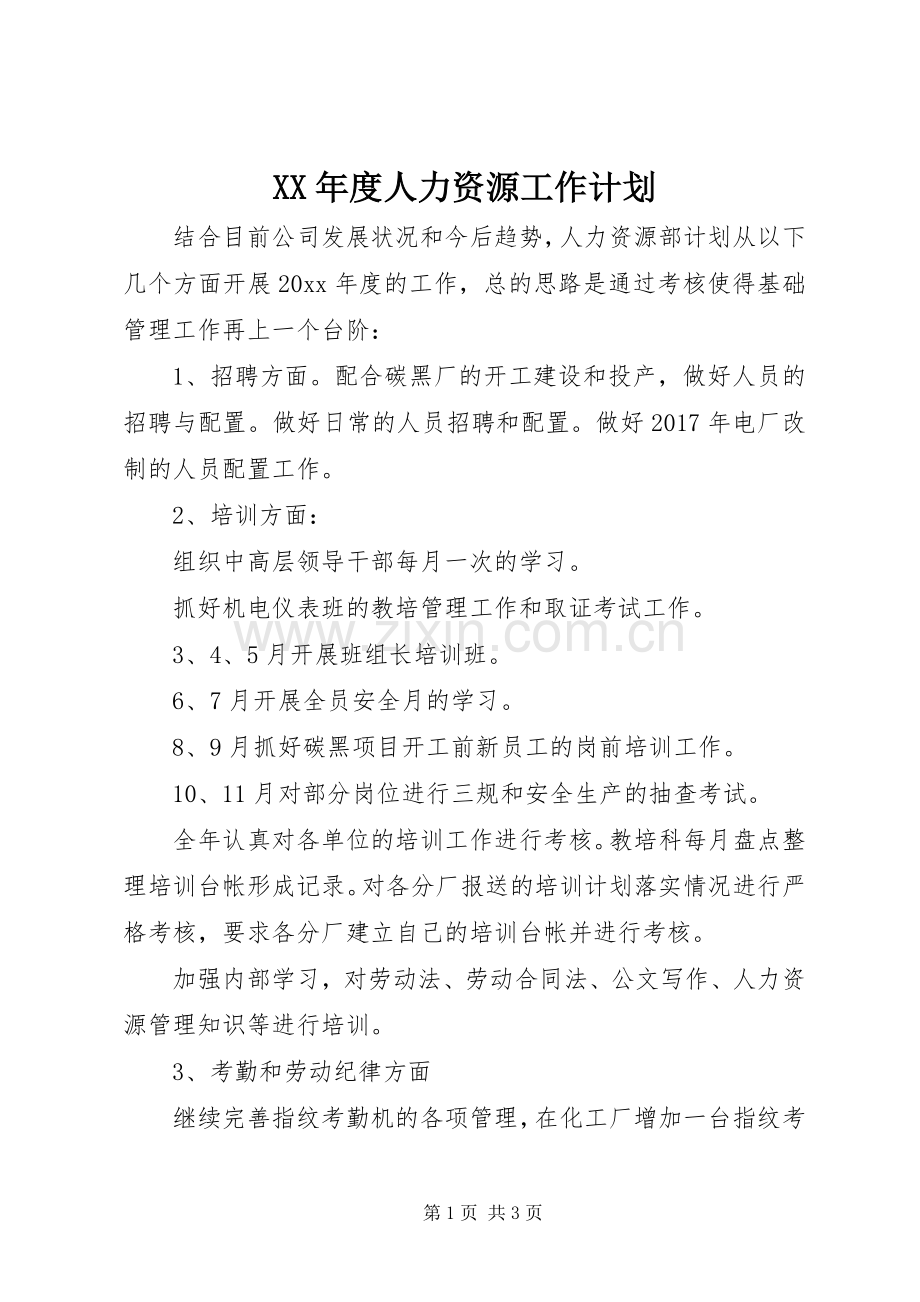 XX年度人力资源工作计划.docx_第1页