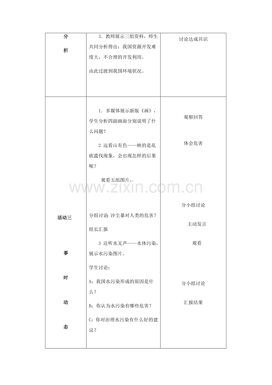 七年级政治下册 第四单元 知晓国情 第十三课 持续和谐发展 我国的资源环境状况教学设计 陕教版.doc_第3页