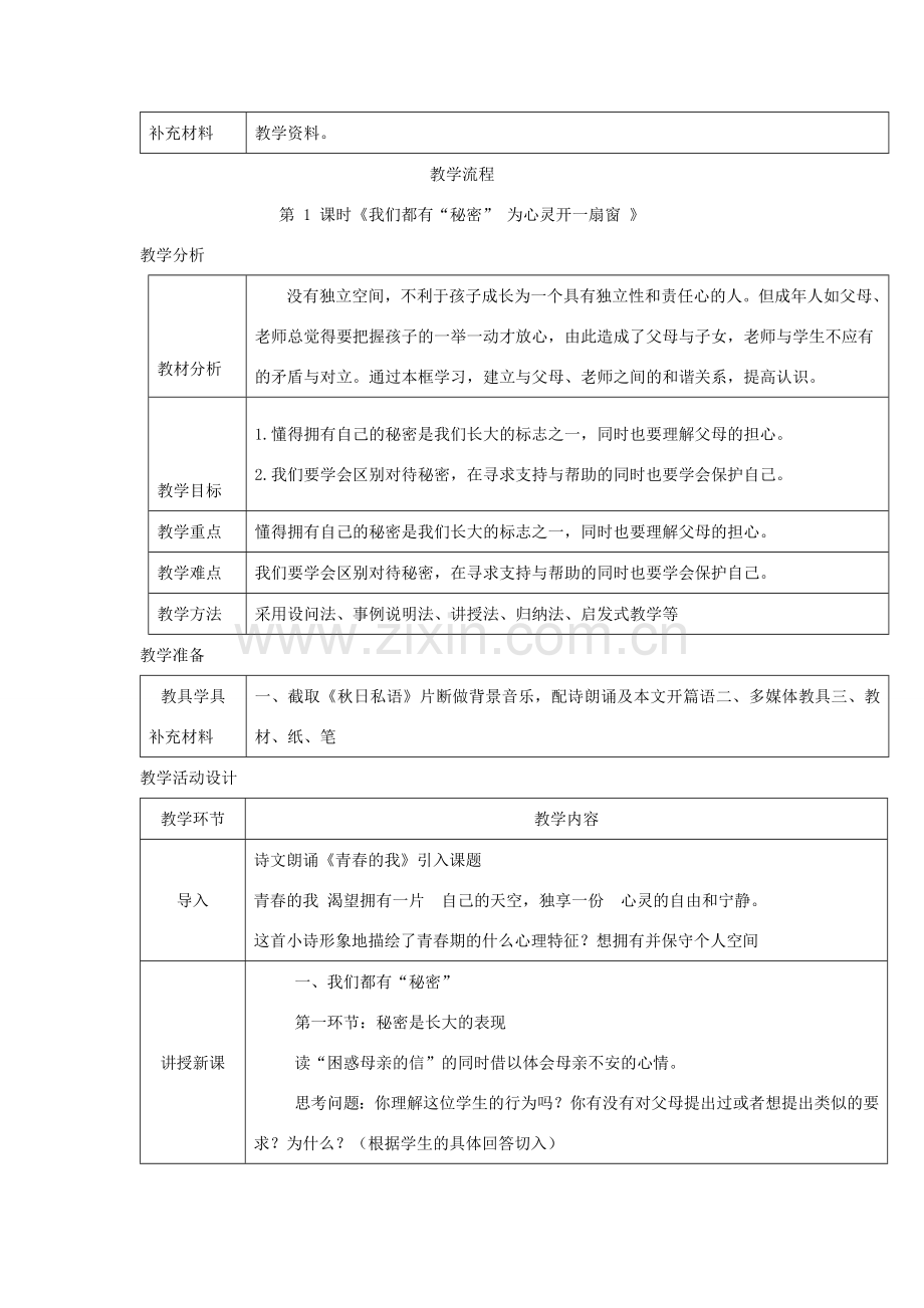 八年级道德与法治上册 第二单元 青春自画像 第五课 成长的“秘密”第1框 我们都有“秘密”为心灵开一扇窗教学设计 人民版-人民版初中八年级上册政治教案.doc_第2页